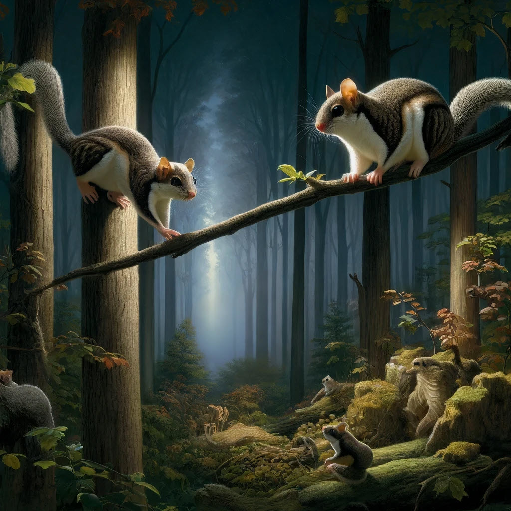 Artistic image of the Northern Flying Squirrel and the Southern Flying Squirrel in a forest