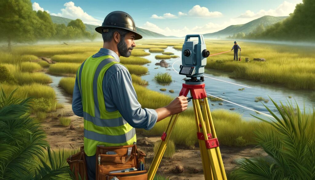 An illustration of two men using a laser level for a restoration project.