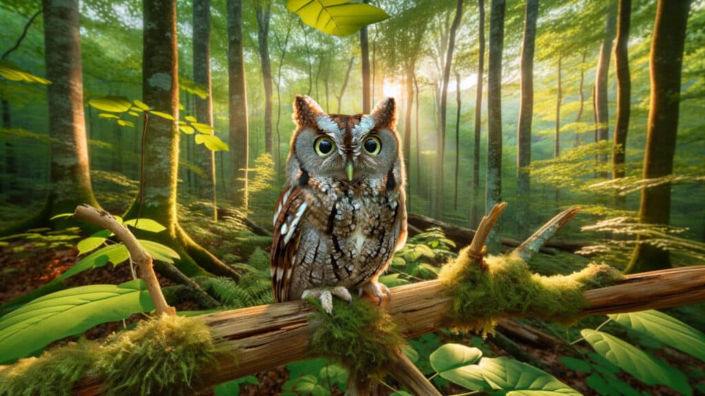 Illustration of an eastern screech owl sitting on a fallen log in a forest.