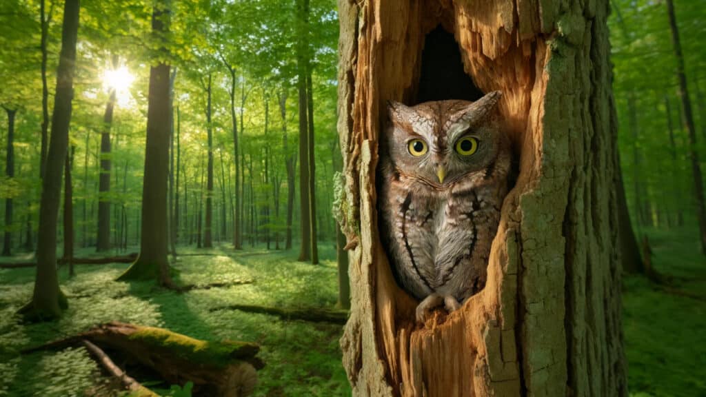 Illustration of an eastern screech owl sitting in a tree hollow in a forest.