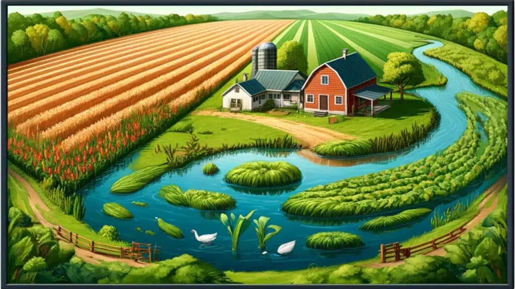 Illustration of a farm adjacent to a wetland.