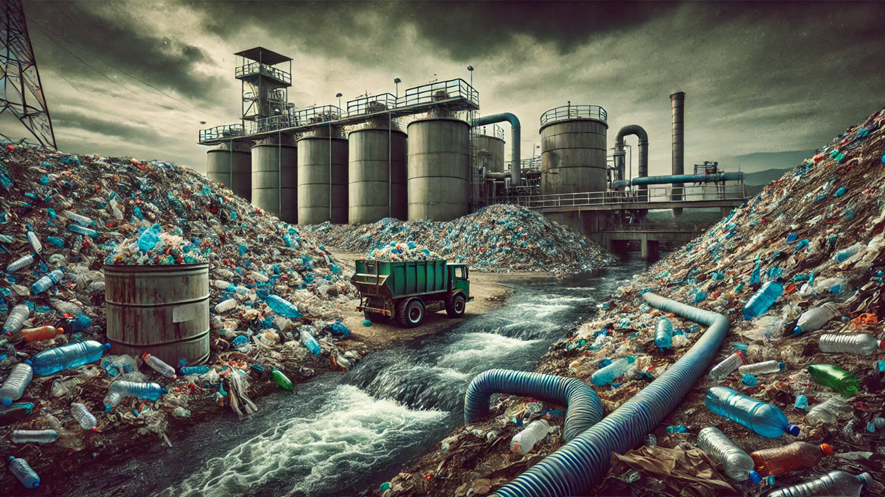 Illustrated image of a landfill full of plastic and waste materials next to a wastewater treatment plant, with wastewater and leachate dumped into the river.