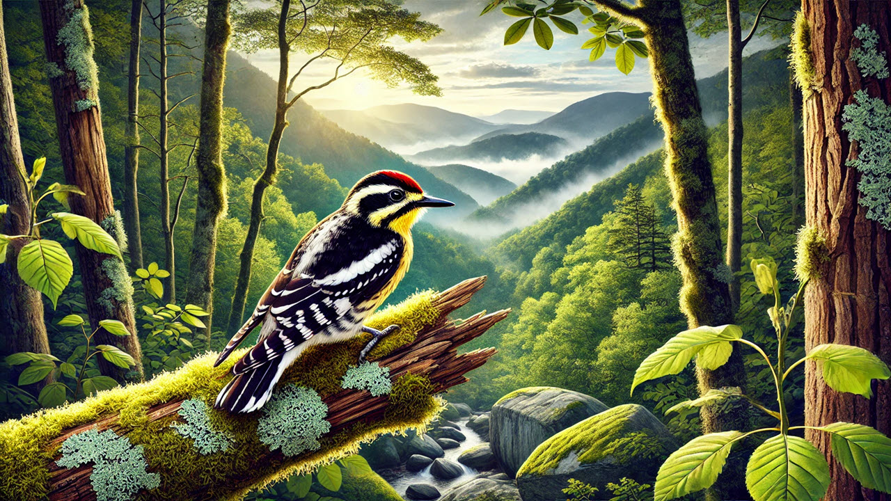 Illustration of a yellow-bellied sapsucker on a tree trunk in the NC Mountains