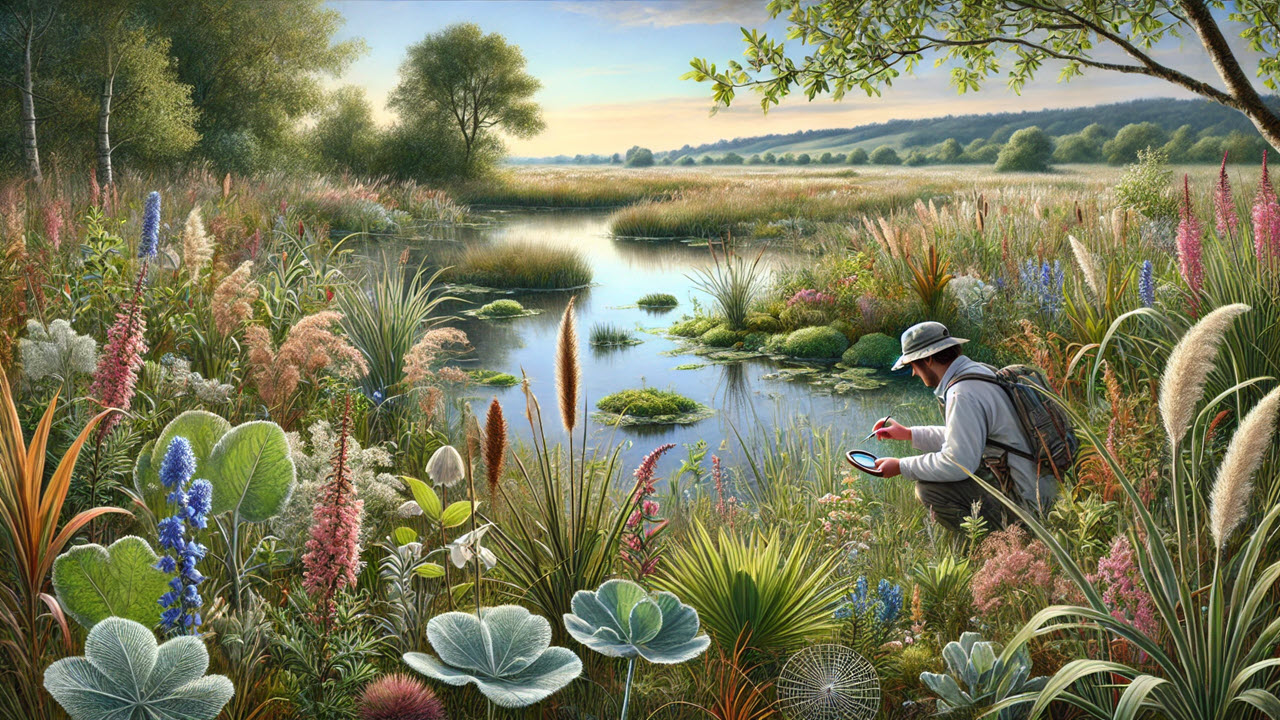 Illustration of a botanist studying plants in a wetland habitat.